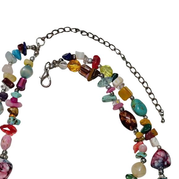 Boho  Turquoise Rose Quartz Semi-Precious Stones Double Strand Beaded Necklace - Picture 7 of 8